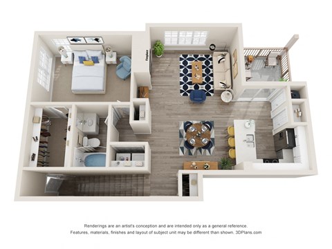Floor plan for 1 bed, 1 bath, 1045 sqft